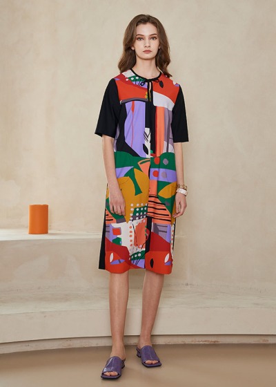 [THE A STORY] S/S Picasso Print Ribbon Neck Dress (ADMDDF18)_RE